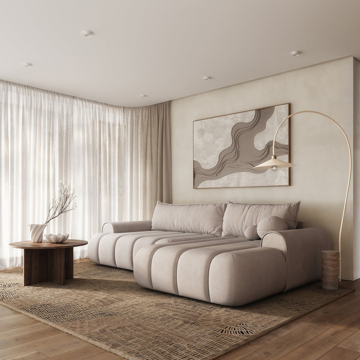 Kampinė sofa-lova ELIN, pilkai smėlinė, dešinė