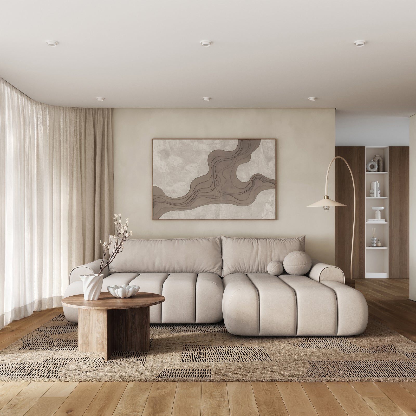 Kampinė sofa-lova ELIN, pilkai smėlinė, dešinė