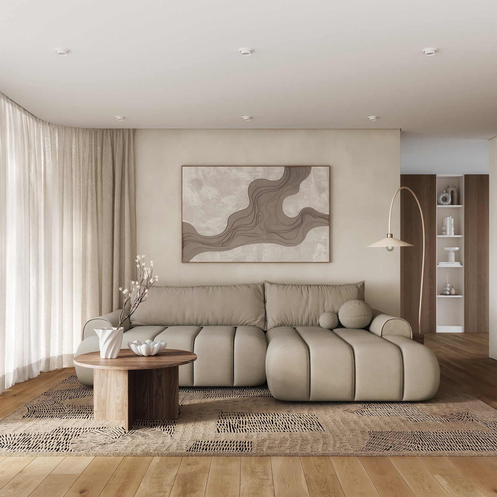 Kampinė sofa-lova ELIN, smėlinė, dešinė