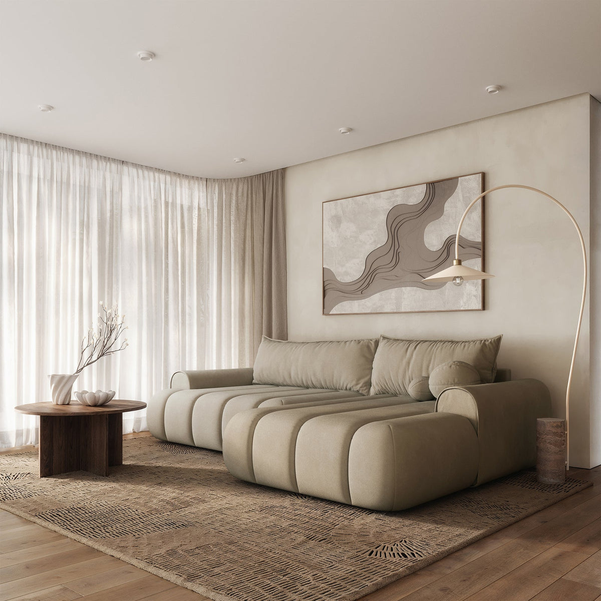 Kampinė sofa-lova ELIN, smėlinė, dešinė