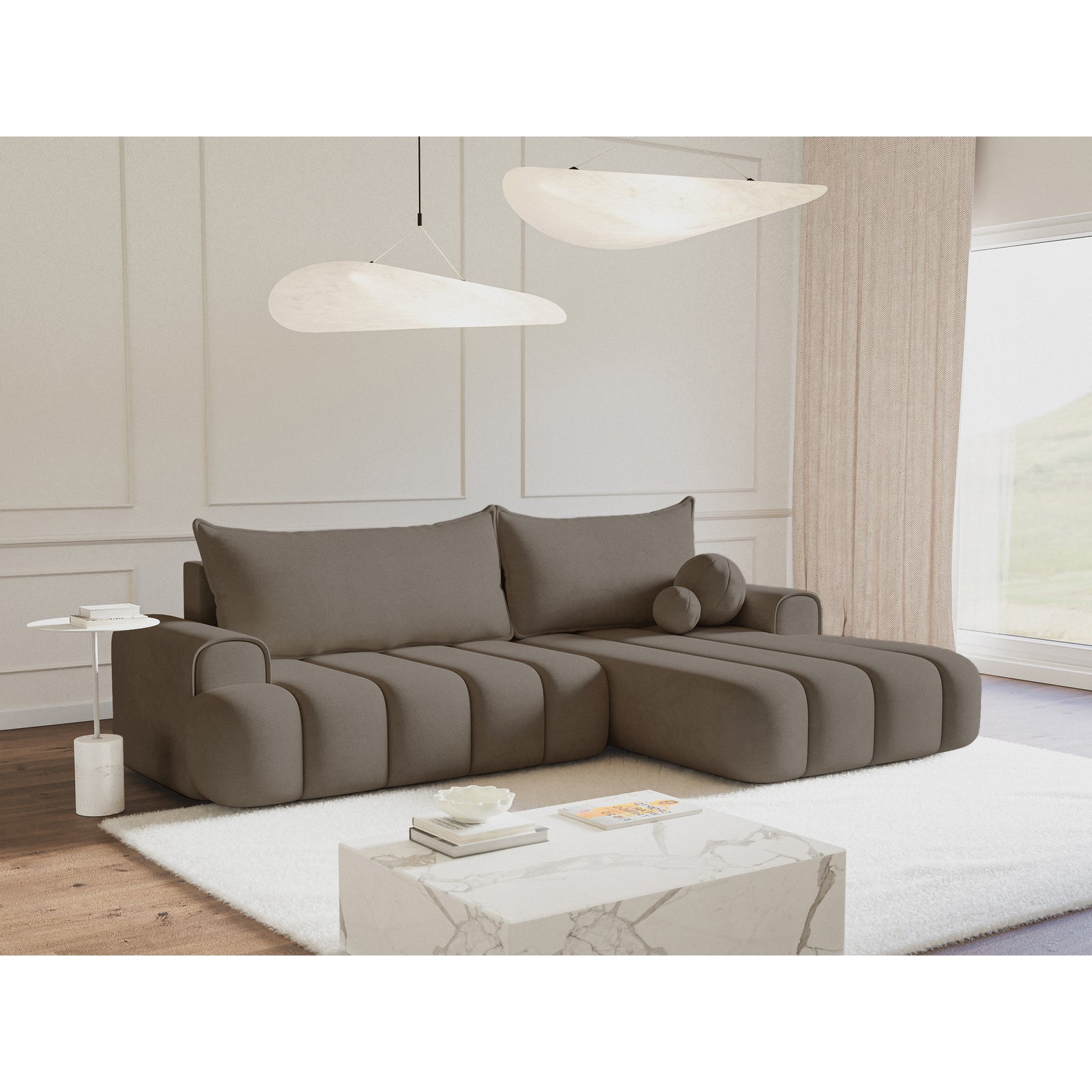 Kampinė sofa-lova DANDELINO, tamsiai smėlinė, dešinė