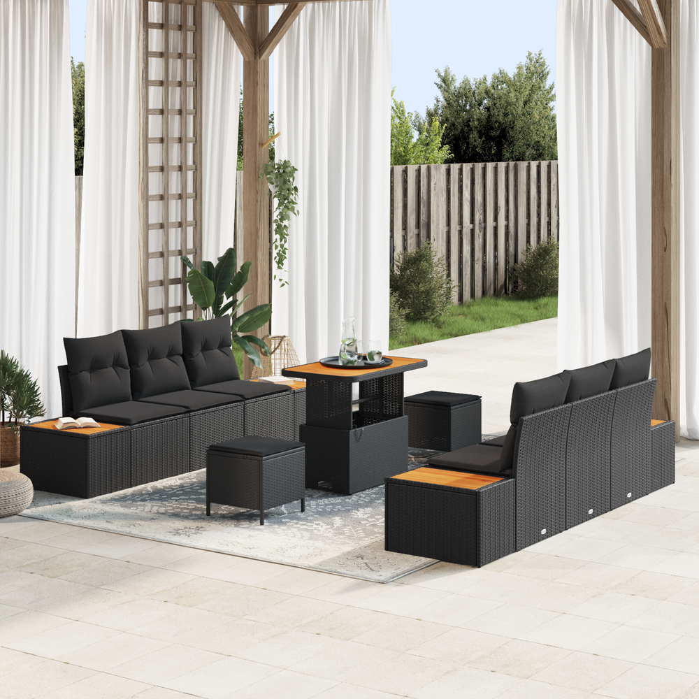 9 dalių Sodo Sofa Rinkinys su Pagalvėlėmis - Juodas Poliratanas ir Akacija
