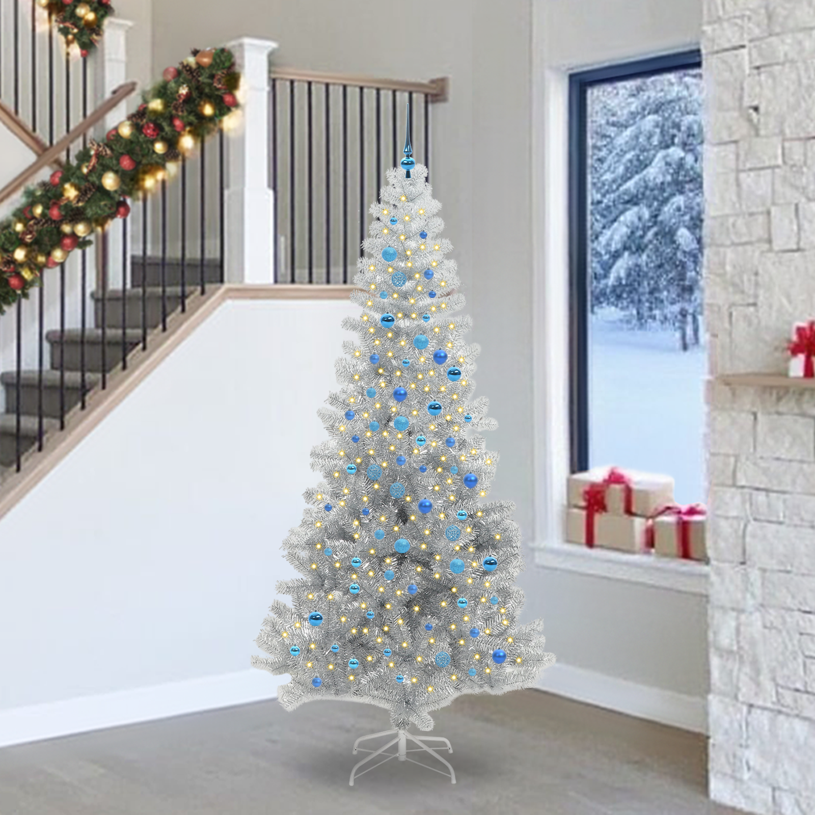 Ziemassvētku eglīte ar 300 LED lampiņām un statīvu, sudraba, 240 cm, PET
