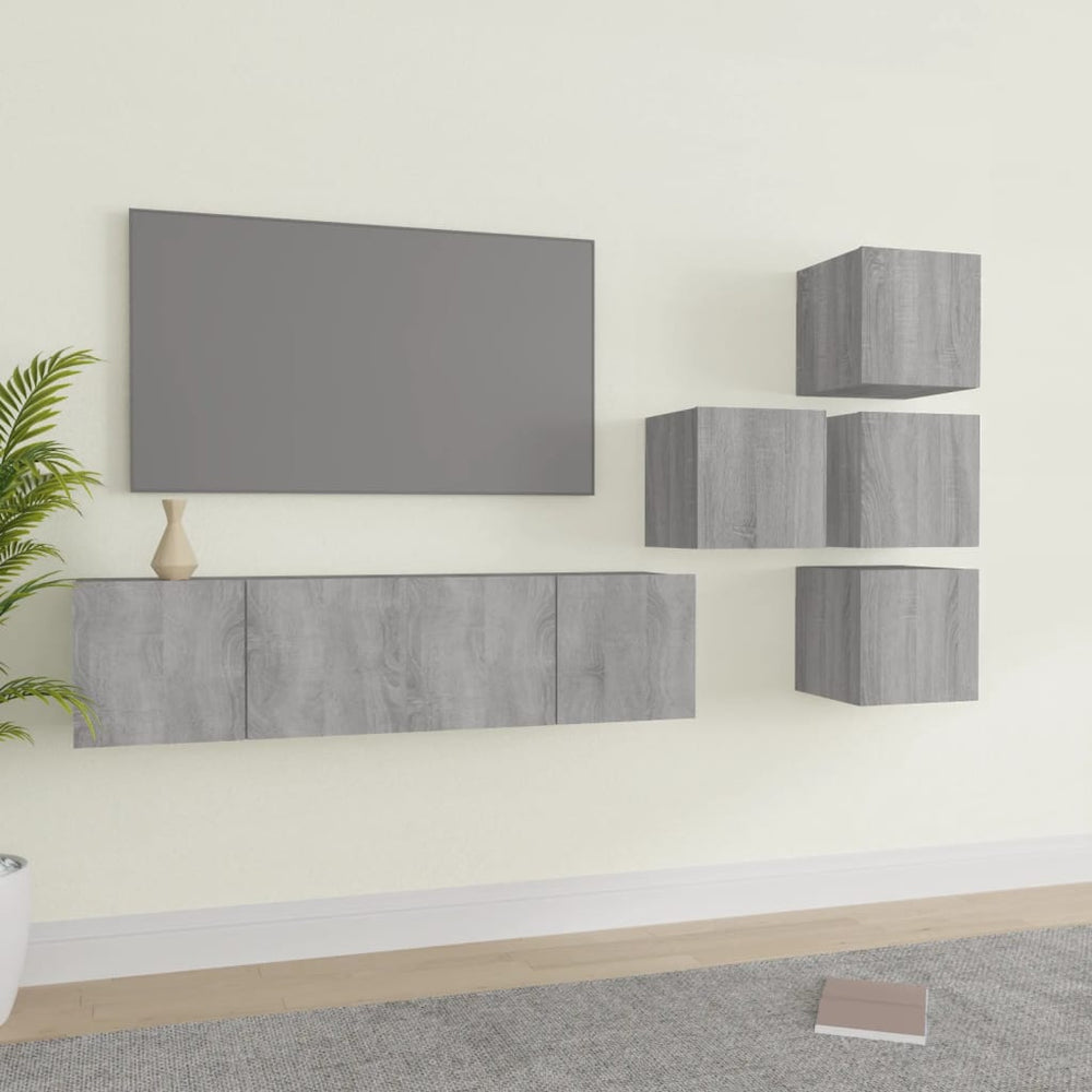 TV spintelių komplektas, 6 dalių, pilkas ąžuolo, mediena