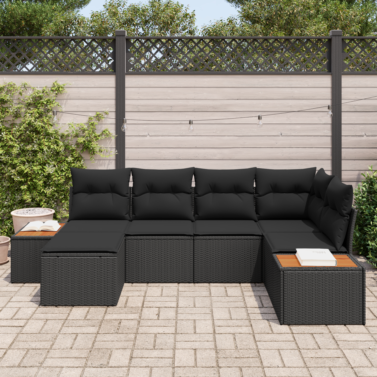 6 dalių sodo sofa komplektas su pagalvėmis juodas poliratanas akacijos