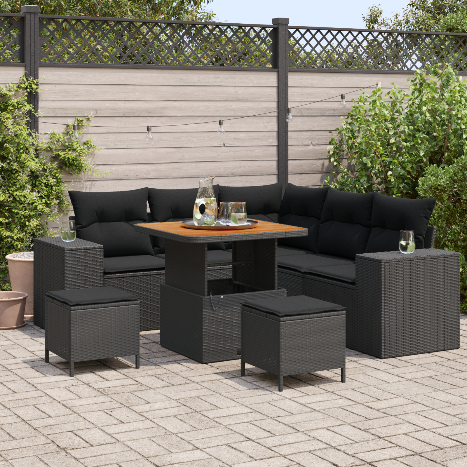 Sodo Sofų Rinkinys su pagalve su saugykla 8 pcs Juoda
