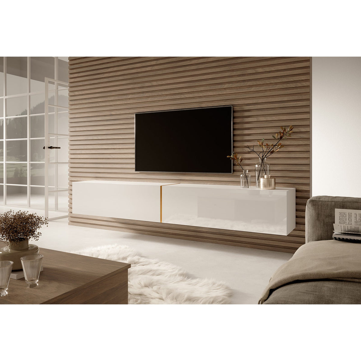 TV spintelė FREJA, 200 cm, balta+auksinė