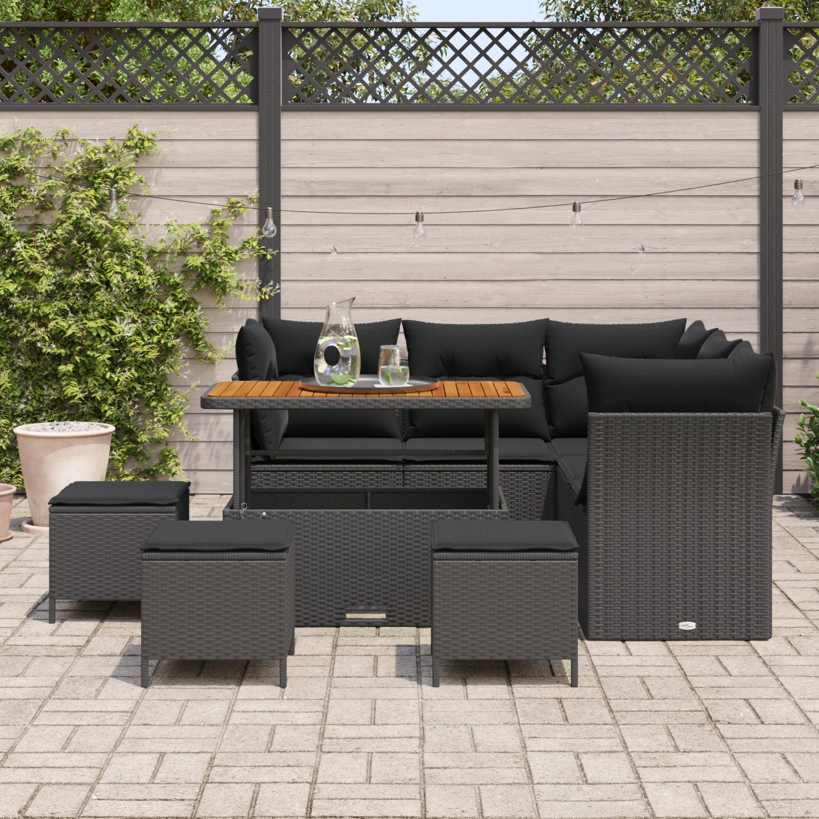 Sodo Sofų Rinkinys su pagalve su saugykla 9 pcs Juoda