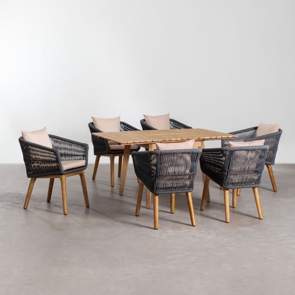 Lauko valgomojo komplektas PARK, stalas (90-150x90 cm), 6 vnt. sodo kėdės, pilka spalva