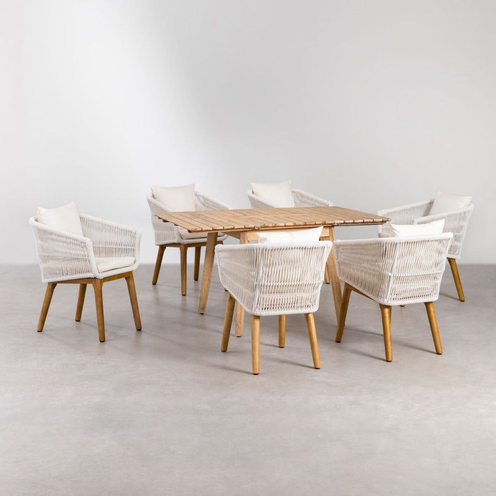 Lauko valgomojo komplektas PARK, stalas (90-150x90 cm), 6 vnt. sodo kėdės, balta spalva