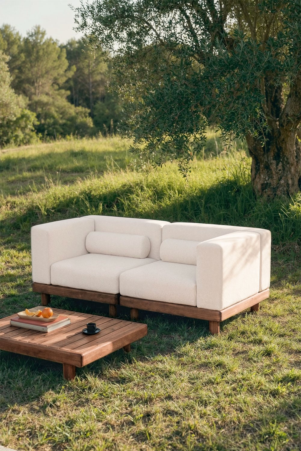 Dvivietė lauko sofa KORKO su kampais ir staliuku, akacija