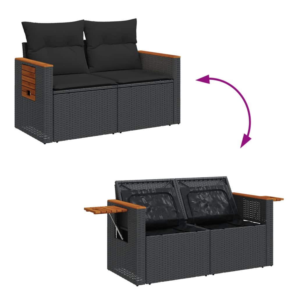 Dvivietė sodo sofa su pagalvėlėmis, juodos spalvos, poliratanas - Namų Idėja