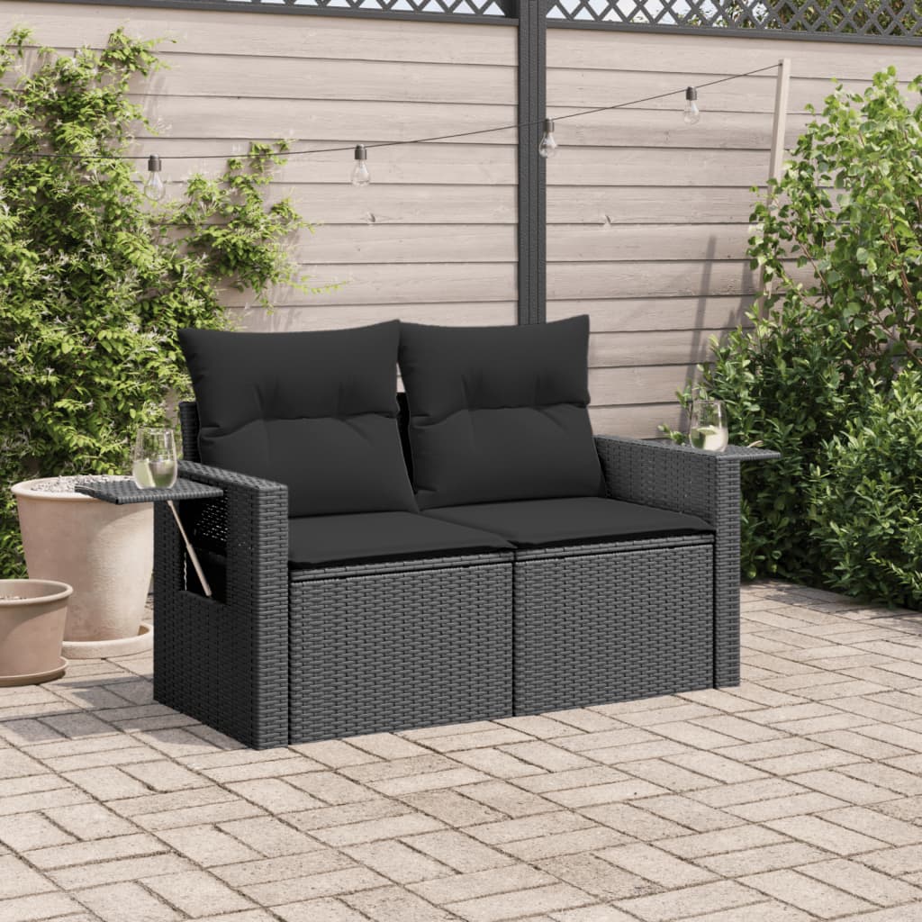 Dvivietė sodo sofa su pagalvėlėmis, juodos spalvos, poliratanas - Namų Idėja