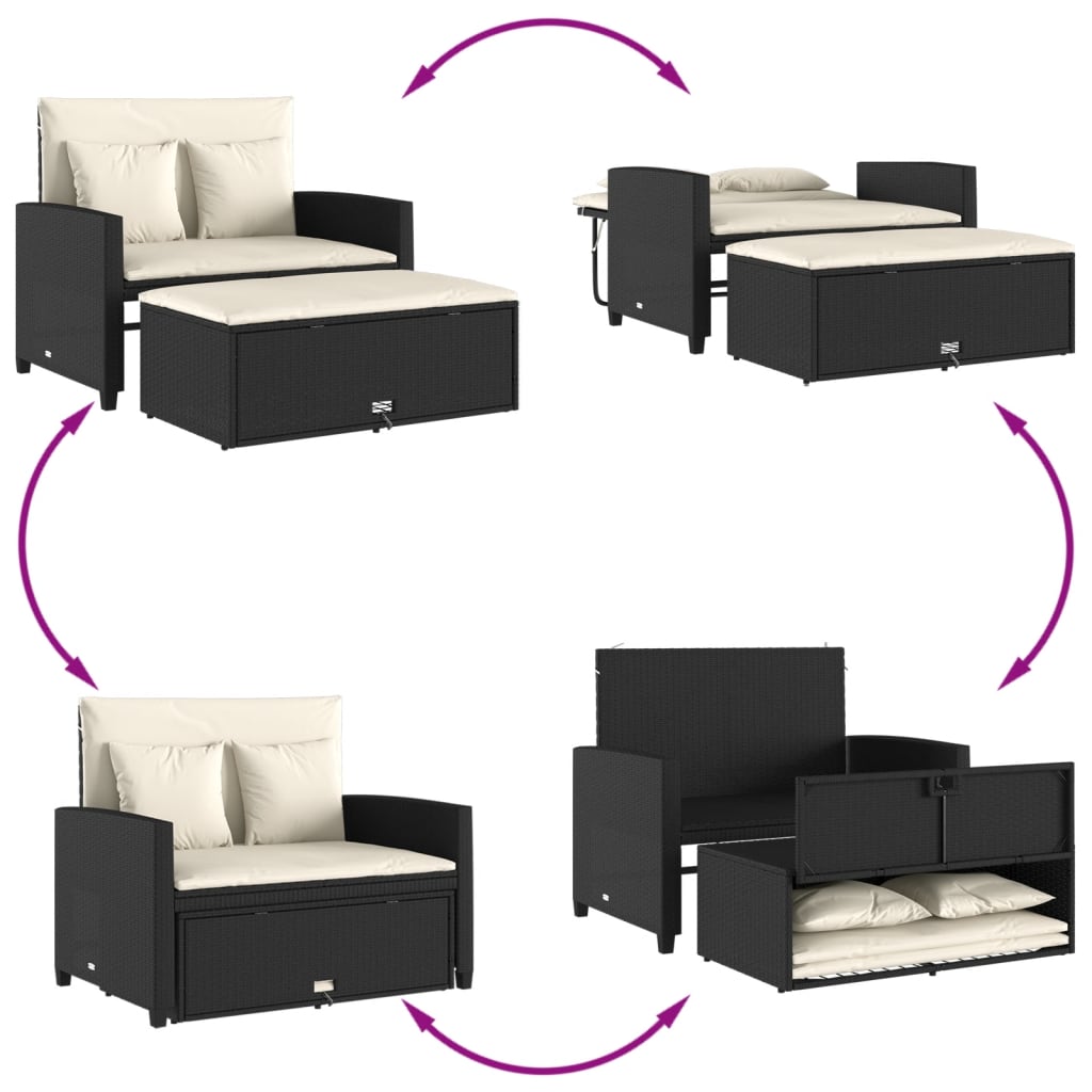 Dvivietė sodo sofa su pagalvėlėmis, juodos spalvos, poliratanas - Namų Idėja