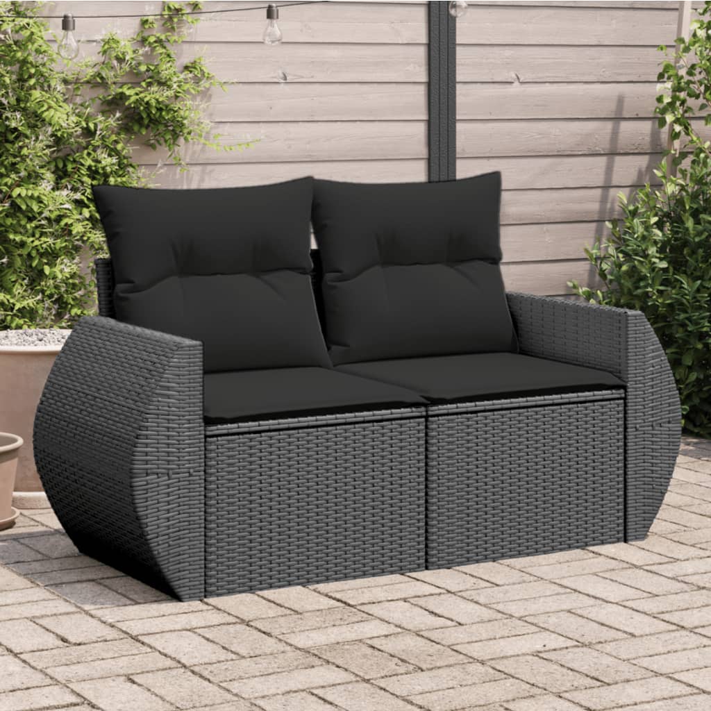 Dvivietė sodo sofa su pagalvėlėmis, juodos spalvos, poliratanas - Namų Idėja