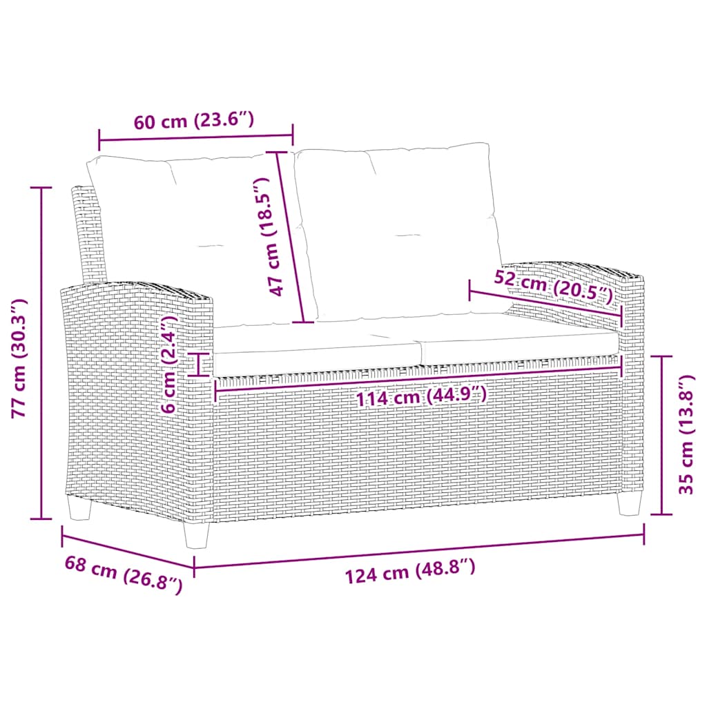 Dvivietė sodo sofa su pagalvėlėmis, pilka, 124cm, poliratanas - Namų Idėja