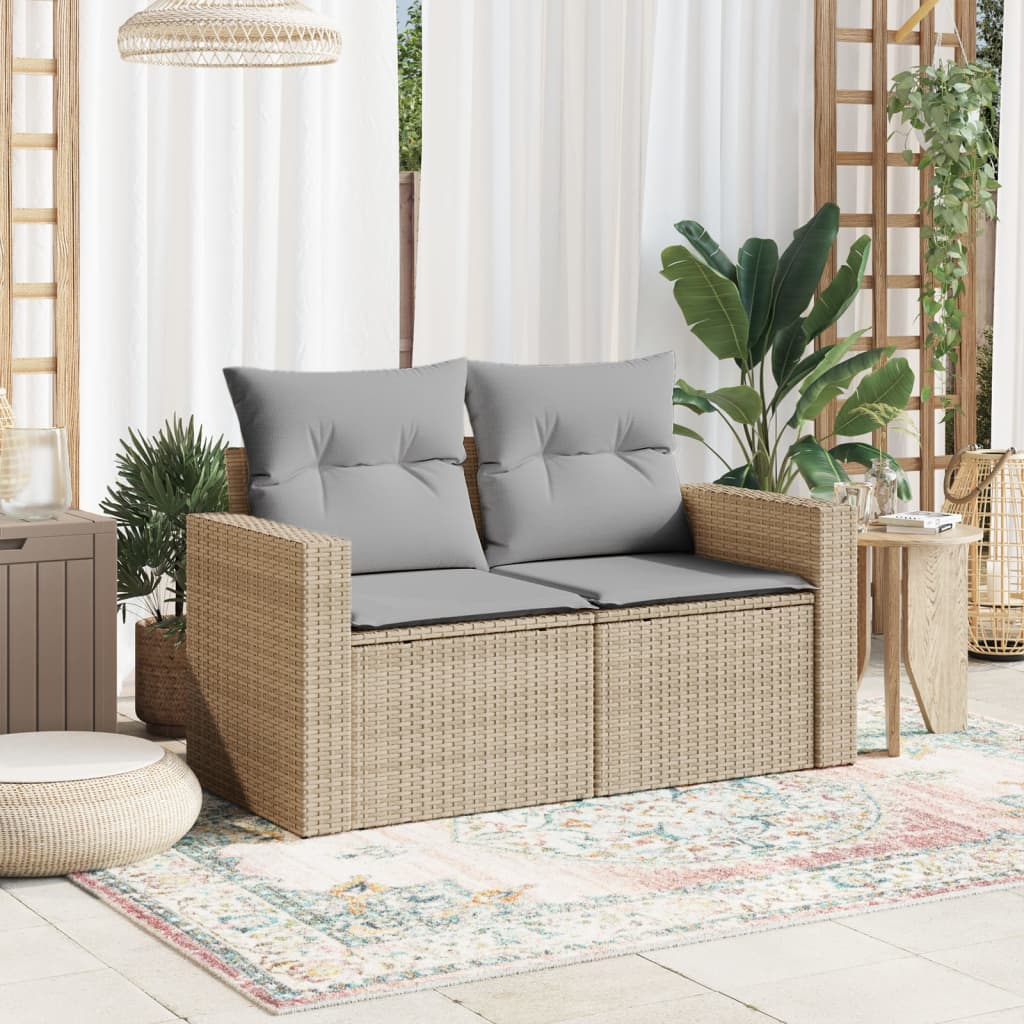 Dvivietė sodo sofa su pagalvėlėmis, smėlio spalvos, poliratanas - Namų Idėja