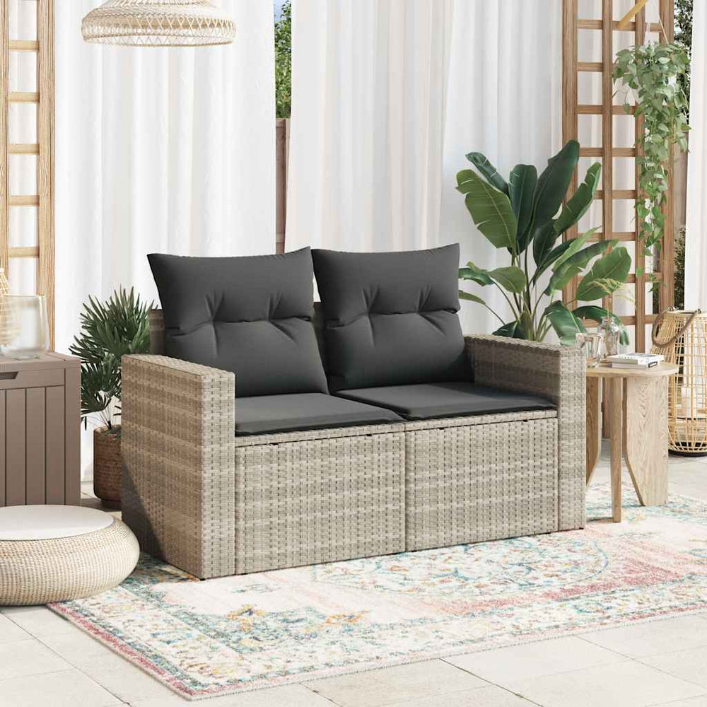 Dvivietė sodo sofa su pagalvėlėmis, šviesiai pilka, poliratanas - Namų Idėja