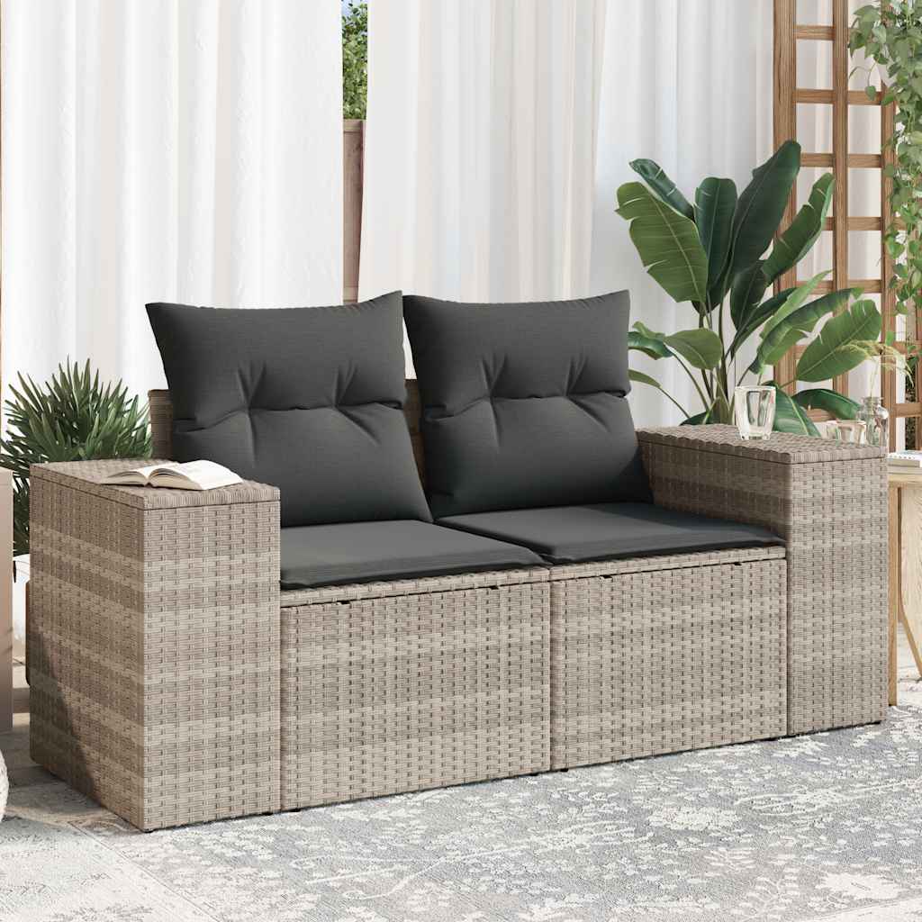 Dvivietė sodo sofa su pagalvėlėmis, šviesiai pilka, poliratanas - Namų Idėja