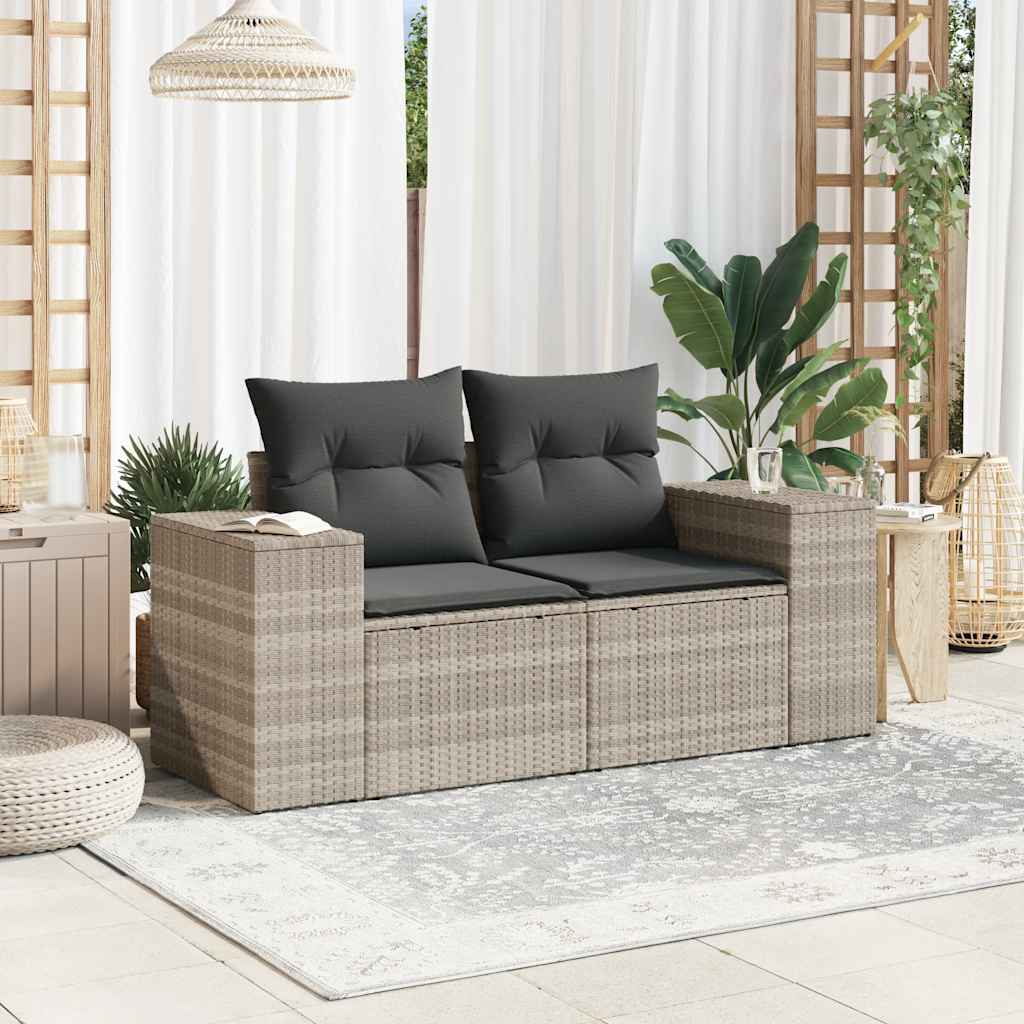 Dvivietė sodo sofa su pagalvėlėmis, šviesiai pilka, poliratanas - Namų Idėja