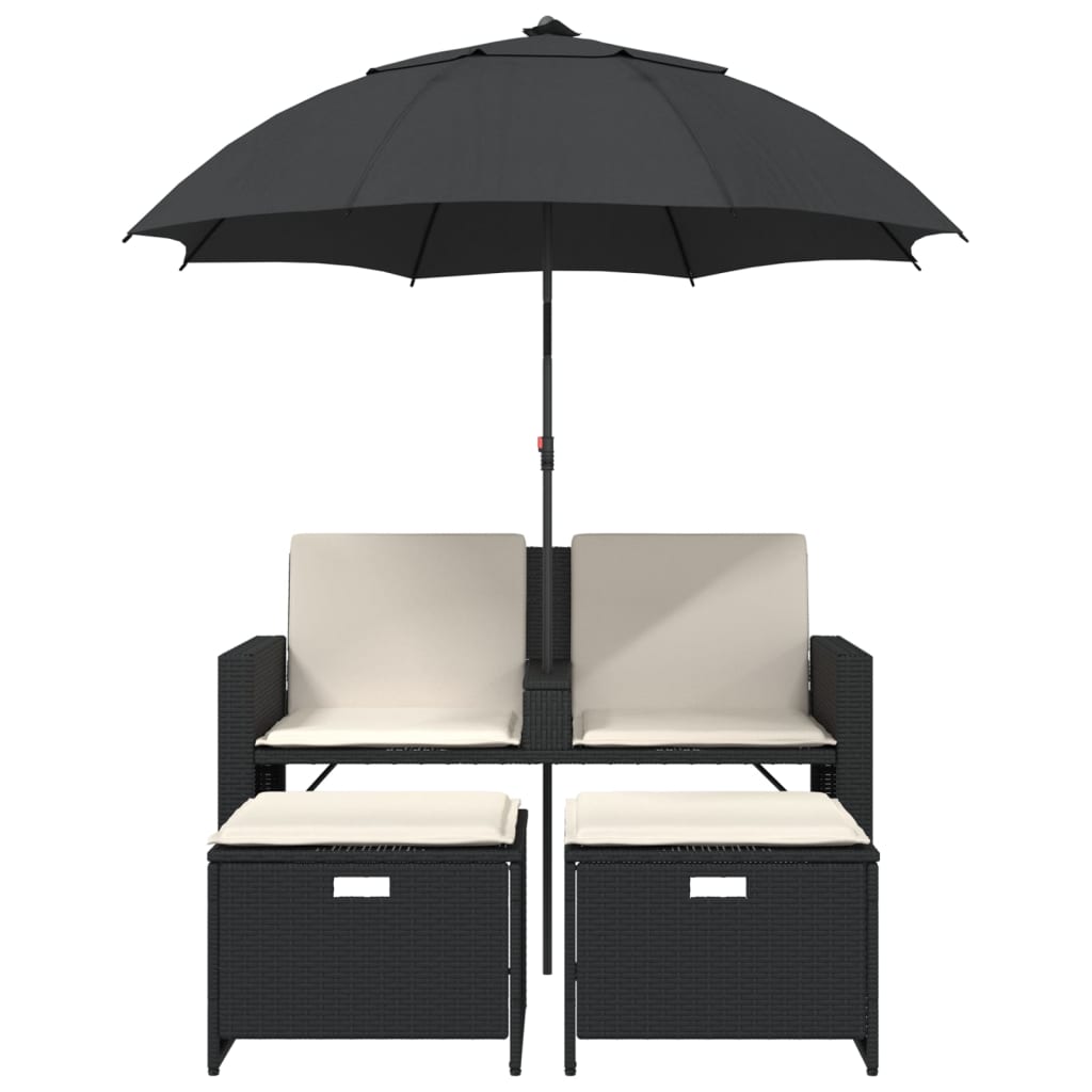 Dvivietė sodo sofa su skėčiu/taburetėmis, juoda, poliratanas - Namų Idėja