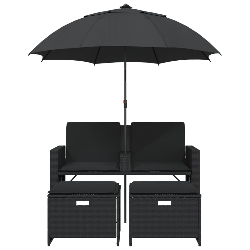 Dvivietė sodo sofa su skėčiu/taburetėmis, juoda, poliratanas - Namų Idėja