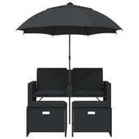 Dvivietė sodo sofa su skėčiu/taburetėmis, juoda, poliratanas - Namų Idėja