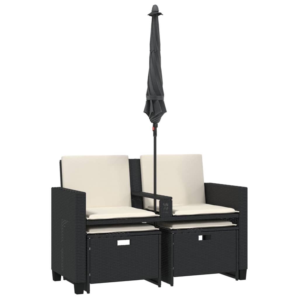 Dvivietė sodo sofa su skėčiu/taburetėmis, juoda, poliratanas - Namų Idėja