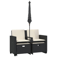 Dvivietė sodo sofa su skėčiu/taburetėmis, juoda, poliratanas - Namų Idėja