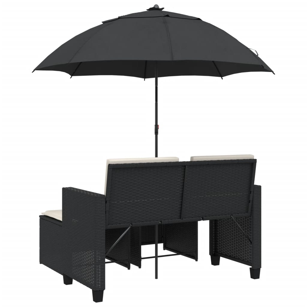 Dvivietė sodo sofa su skėčiu/taburetėmis, juoda, poliratanas - Namų Idėja