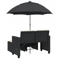 Dvivietė sodo sofa su skėčiu/taburetėmis, juoda, poliratanas - Namų Idėja