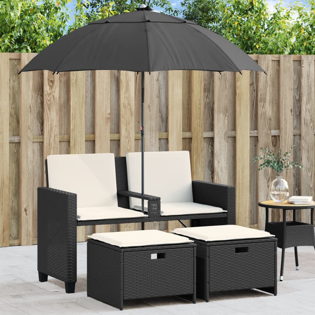 Dvivietė sodo sofa su skėčiu/taburetėmis, juoda, poliratanas - Namų Idėja