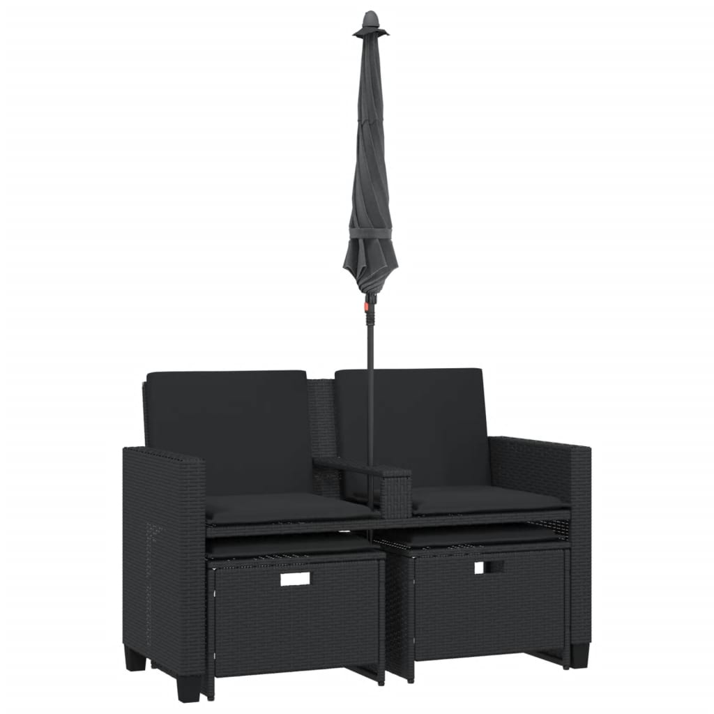 Dvivietė sodo sofa su skėčiu/taburetėmis, juoda, poliratanas - Namų Idėja