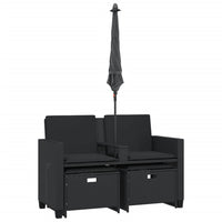 Dvivietė sodo sofa su skėčiu/taburetėmis, juoda, poliratanas - Namų Idėja
