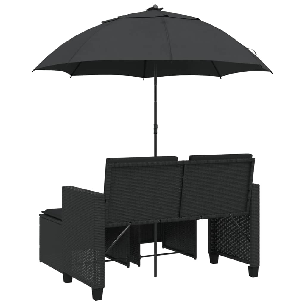 Dvivietė sodo sofa su skėčiu/taburetėmis, juoda, poliratanas - Namų Idėja