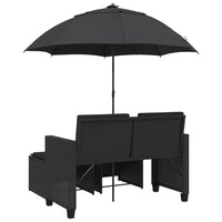 Dvivietė sodo sofa su skėčiu/taburetėmis, juoda, poliratanas - Namų Idėja