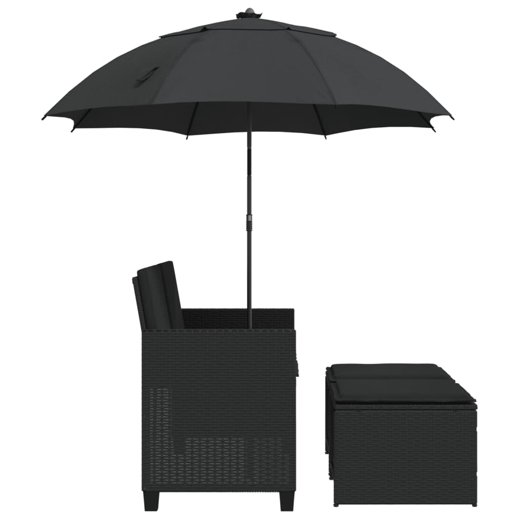 Dvivietė sodo sofa su skėčiu/taburetėmis, juoda, poliratanas - Namų Idėja