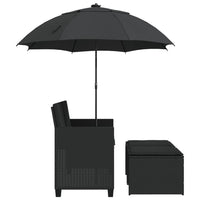Dvivietė sodo sofa su skėčiu/taburetėmis, juoda, poliratanas - Namų Idėja