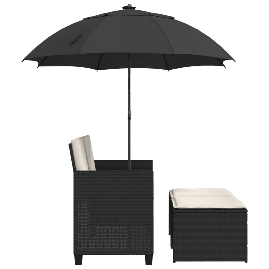 Dvivietė sodo sofa su skėčiu/taburetėmis, juoda, poliratanas - Namų Idėja
