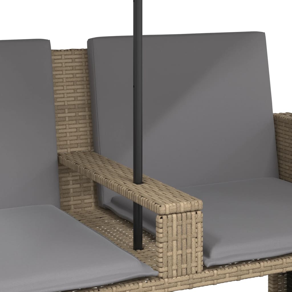 Dvivietė sodo sofa su skėčiu/taburetėmis, smėlio, poliratanas - Namų Idėja