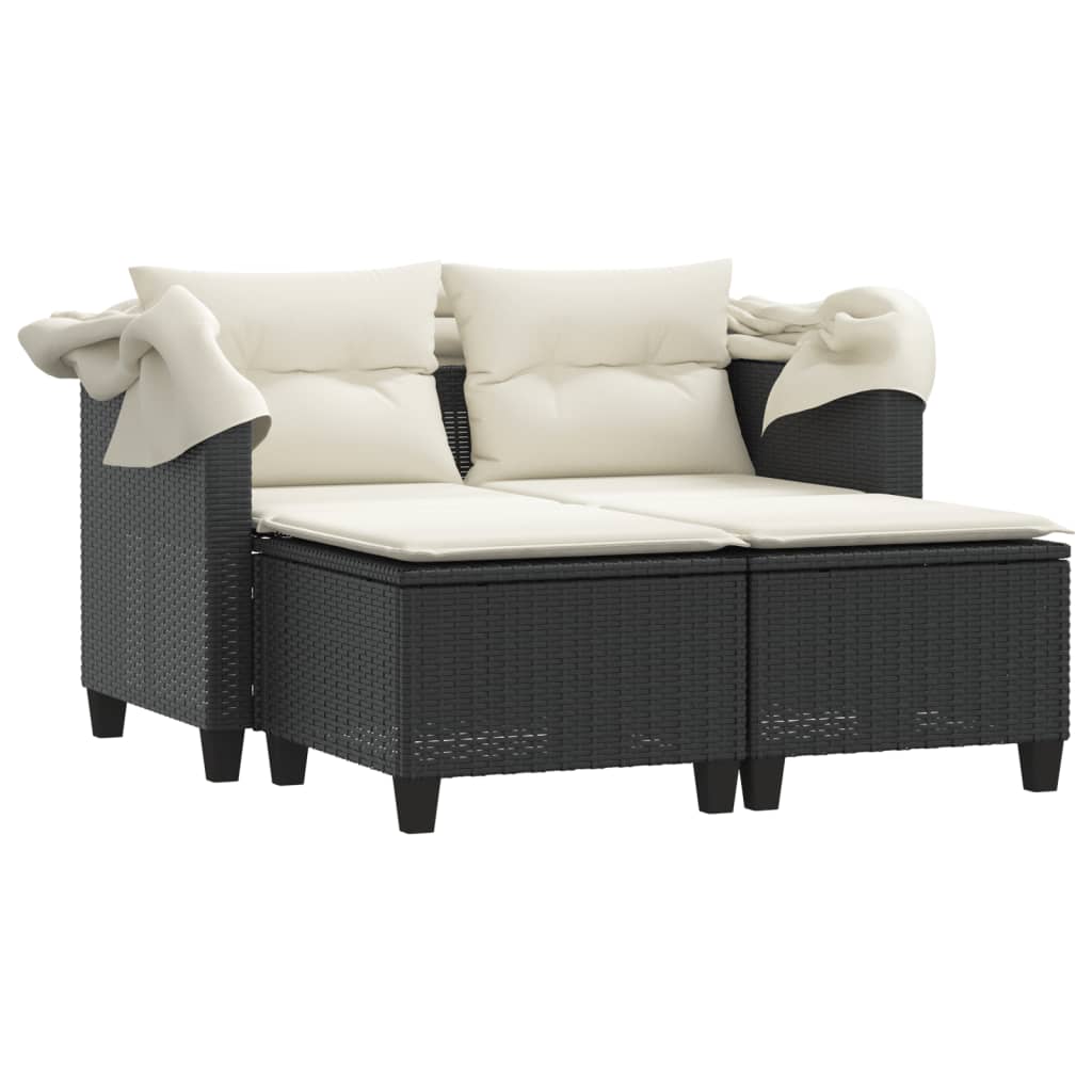 Dvivietė sodo sofa su skliautu/taburetėmis, juoda, poliratanas - Namų Idėja