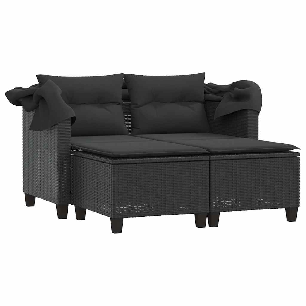 Dvivietė sodo sofa su skliautu/taburetėmis, juoda, poliratanas - Namų Idėja