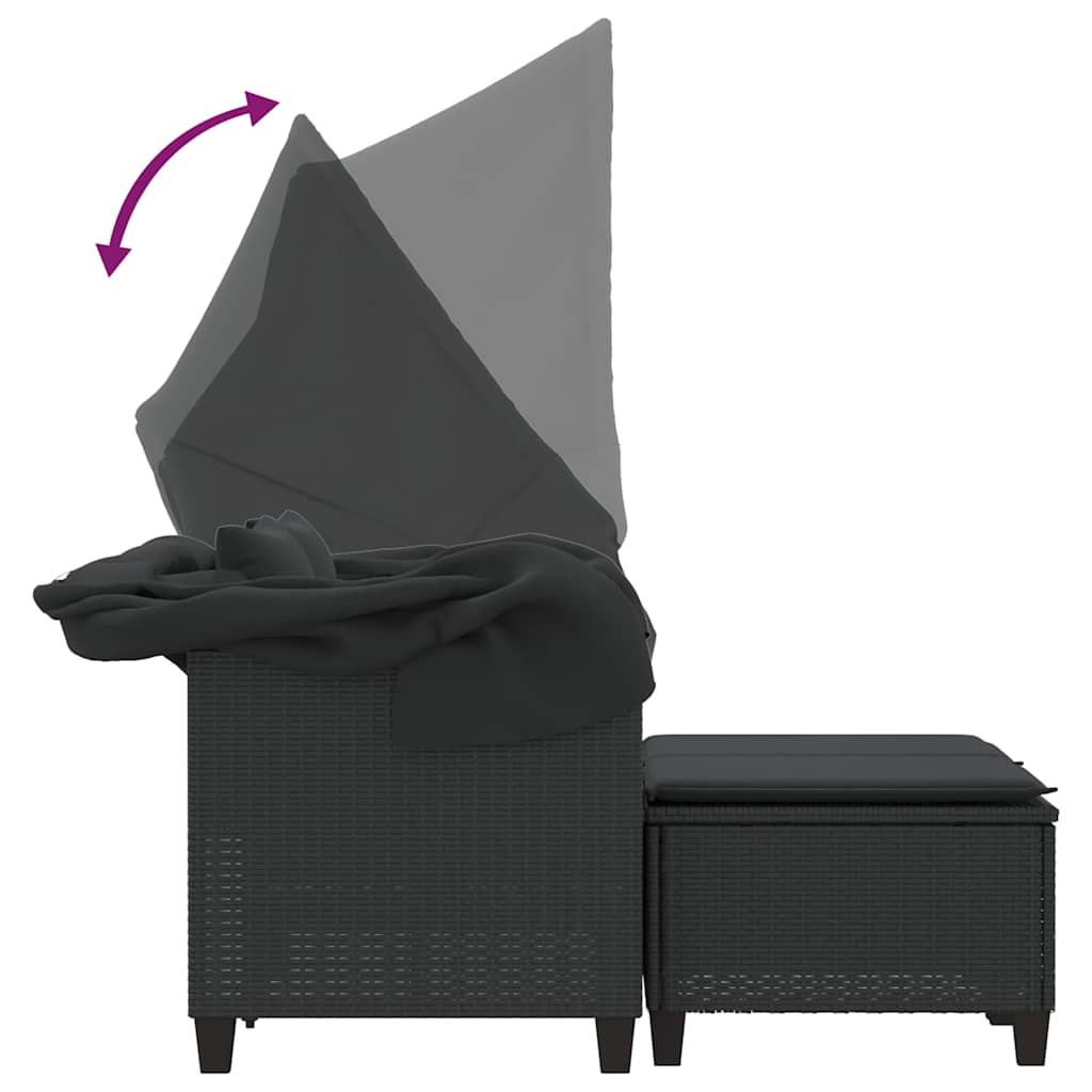 Dvivietė sodo sofa su skliautu/taburetėmis, juoda, poliratanas - Namų Idėja
