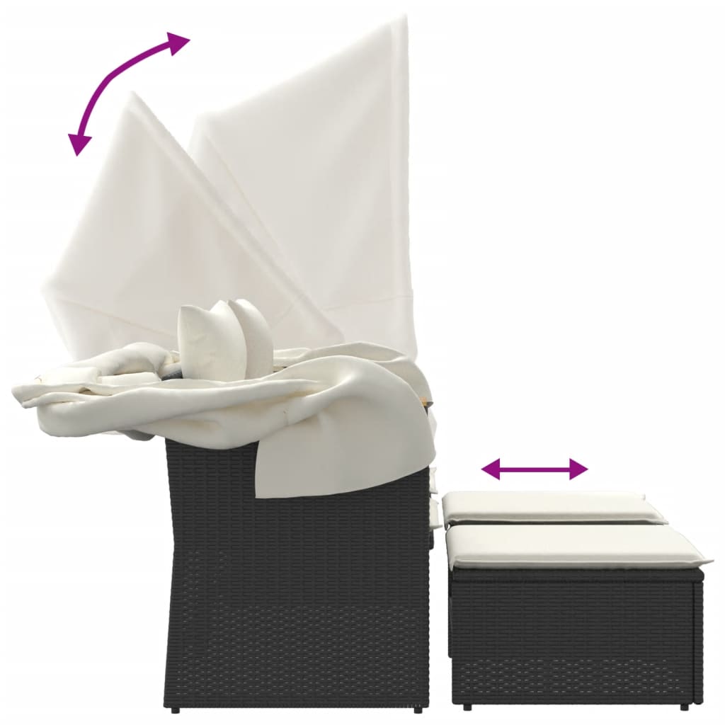 Dvivietė sodo sofa su skliautu/taburetėmis, juoda, poliratanas - Namų Idėja