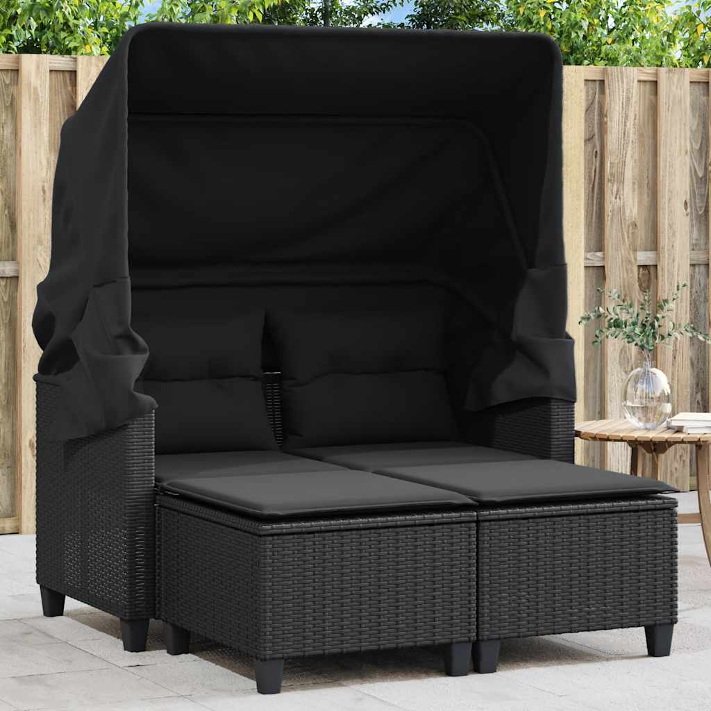 Dvivietė sodo sofa su skliautu/taburetėmis, juoda, poliratanas - Namų Idėja