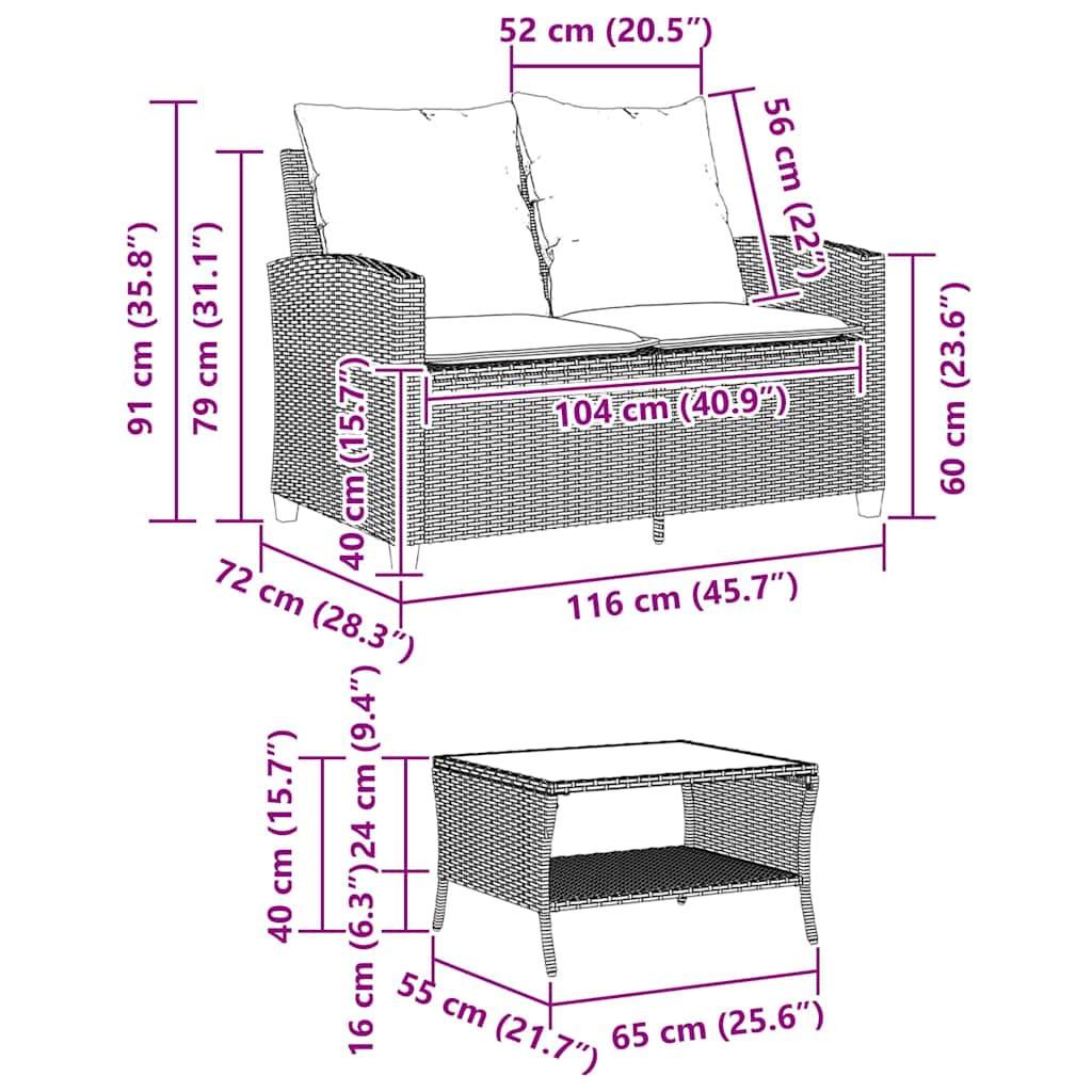 Dvivietė sodo sofa su staliuku ir pagalvėlėmis, smėlio spalvos - Namų Idėja