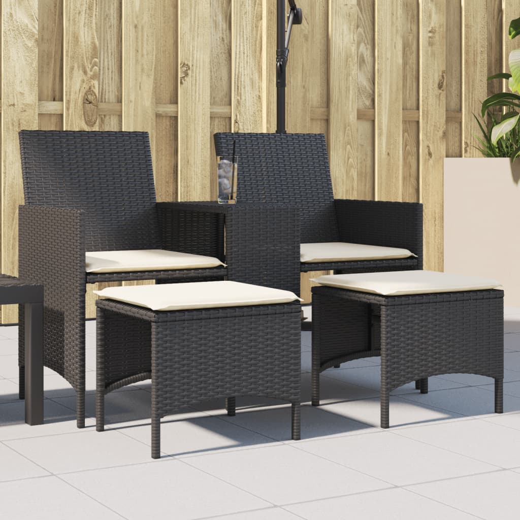 Dvivietė sodo sofa su staliuku/taburetėmis, juoda, poliratanas - Namų Idėja