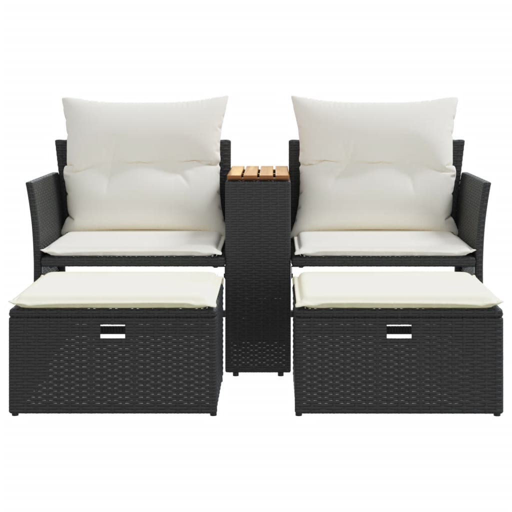 Dvivietė sodo sofa su taburetėmis, juodos spalvos, poliratanas - Namų Idėja