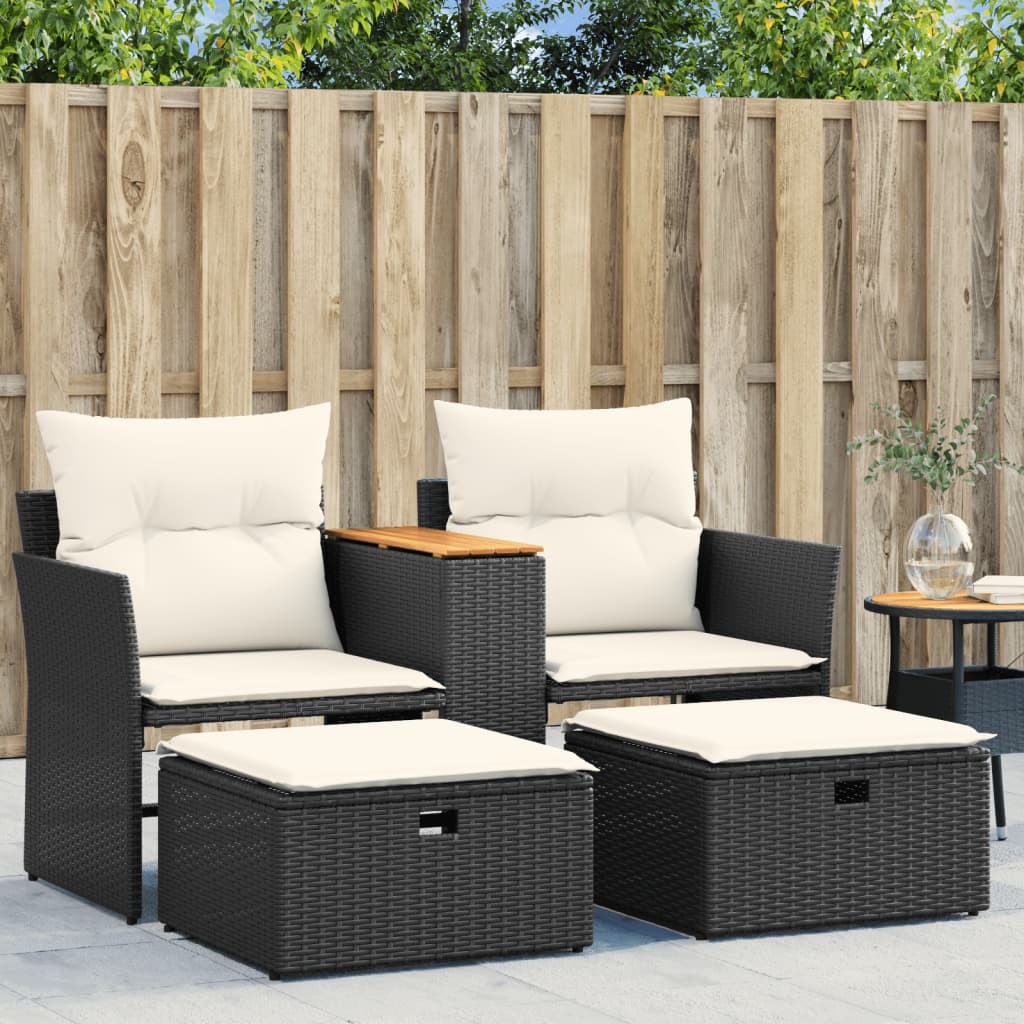Dvivietė sodo sofa su taburetėmis, juodos spalvos, poliratanas - Namų Idėja