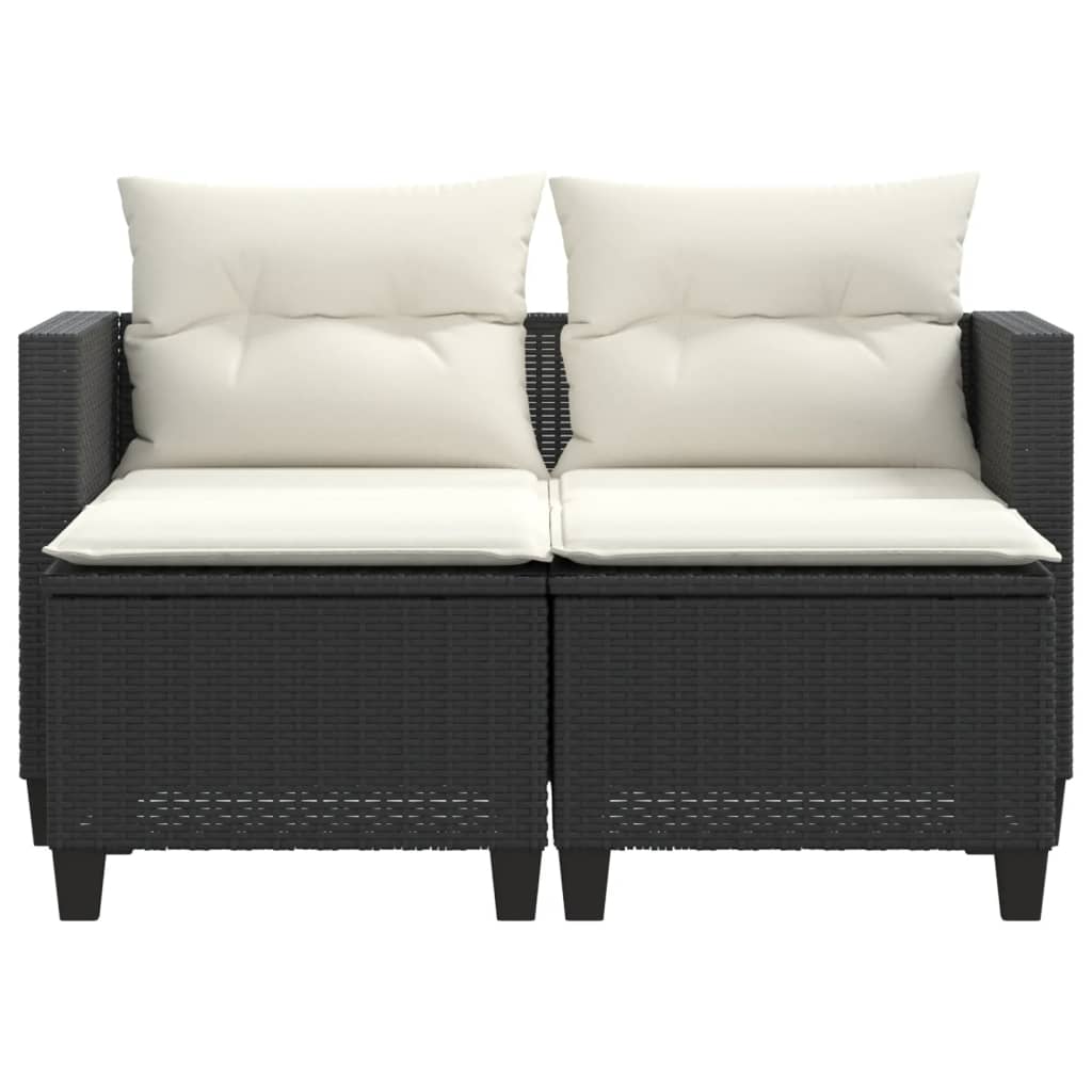Dvivietė sodo sofa su taburetėmis, juodos spalvos, poliratanas - Namų Idėja